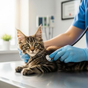 A veterinarian examines a tabby kitten on a clinic table.