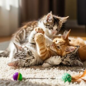 Two playful kittens wrestling on a carpet with toys nearby.