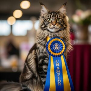 A majestic cat proudly displays a blue and gold award ribbon.